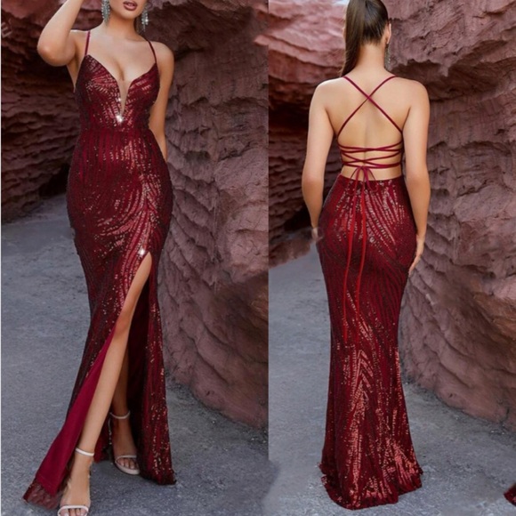 Luxe crisscross open back slit thigh party formal evening sequins